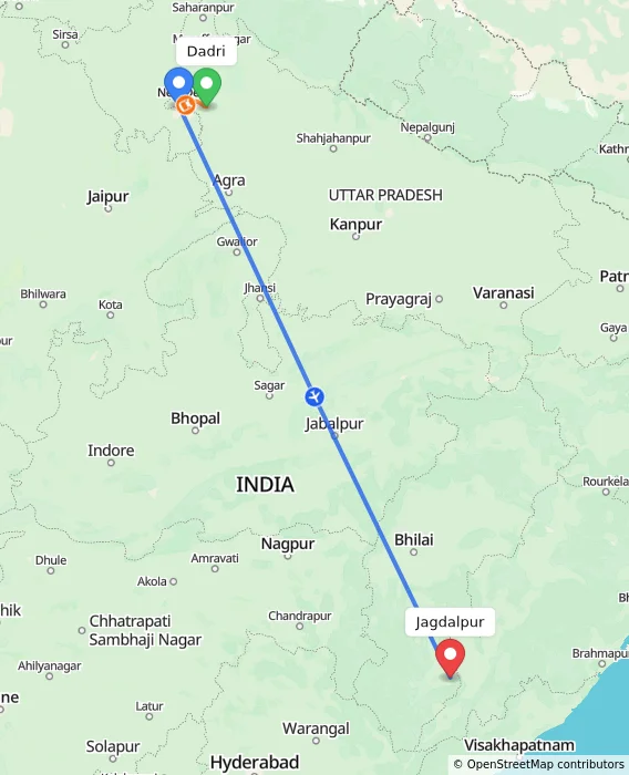 Route map showing distance and travel time from Dadri, India to Jagdalpur, India