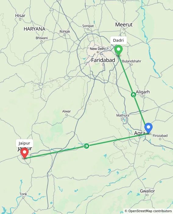 Route map showing distance and travel time from Dadri, India to Jaipur, India