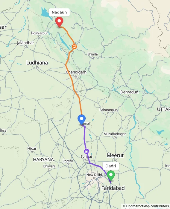 Route map showing distance and travel time from Dadri, India to Nadaun, India