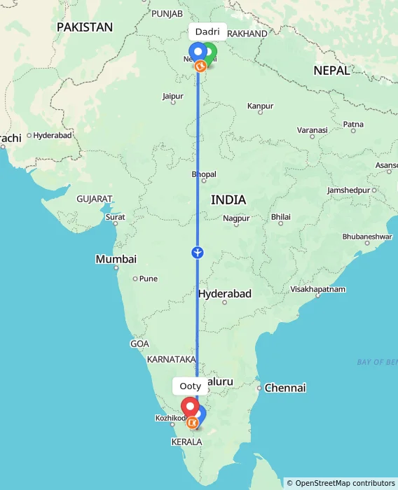 Route map showing distance and travel time from Dadri, India to Ooty, India
