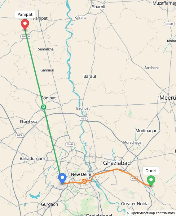 Route map showing distance and travel time from Dadri, India to Panipat, India