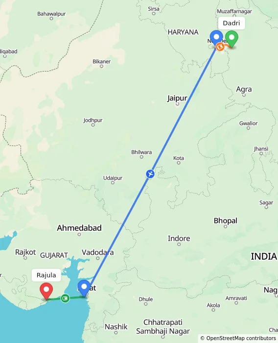 Route map showing distance and travel time from Dadri, India to Rajula, India
