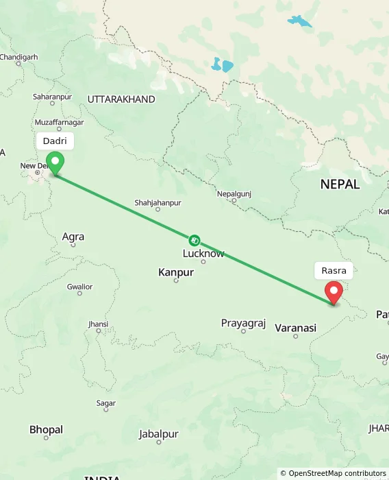 Route map showing distance and travel time from Dadri, India to Rasra, India