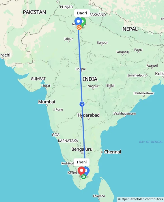 Route map showing distance and travel time from Dadri, India to Theni, India
