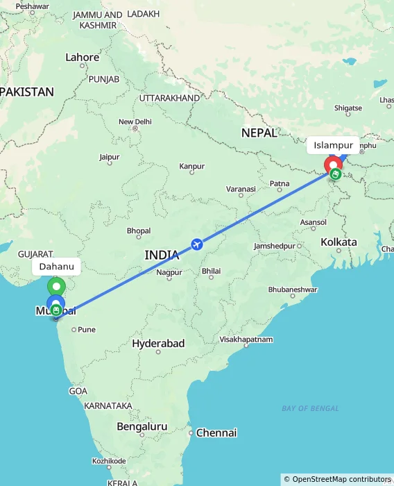 Route map showing distance and travel time from Dahanu, India to Islampur, India