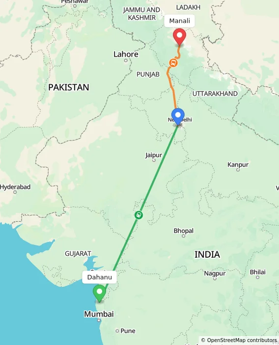 Route map showing distance and travel time from Dahanu, India to Manali, India