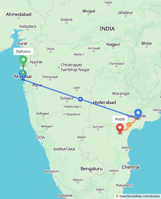 Route map showing distance and travel time from Dahanu, India to Podili, India