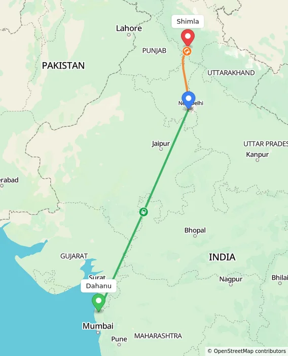 Route map showing distance and travel time from Dahanu, India to Shimla, India