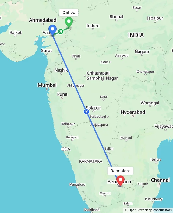Route map showing distance and travel time from Dahod, India to Bangalore, India