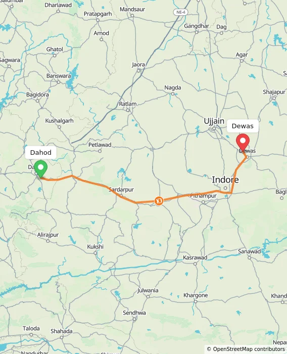 Route map showing distance and travel time from Dahod, India to Dewas, India
