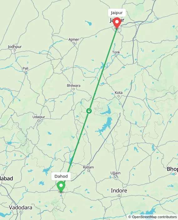 Route map showing distance and travel time from Dahod, India to Jaipur, India