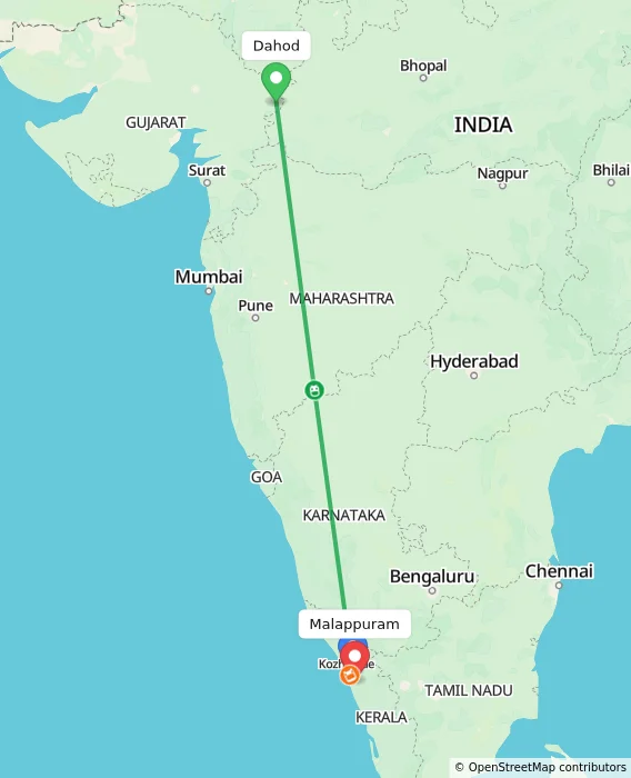 Route map showing distance and travel time from Dahod, India to Malappuram, India