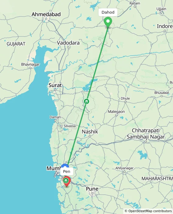 Route map showing distance and travel time from Dahod, India to Pen, India