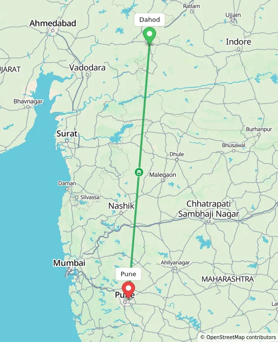Route map showing distance and travel time from Dahod, India to Pune, India