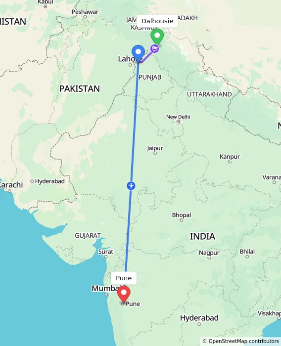 Route map showing distance and travel time from Dalhousie, India to Pune, India
