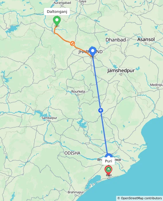 Route map showing distance and travel time from Daltonganj, India to Puri, India