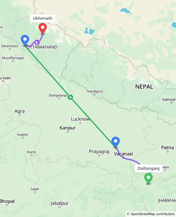 Route map showing distance and travel time from Daltonganj, India to Ukhimath, India