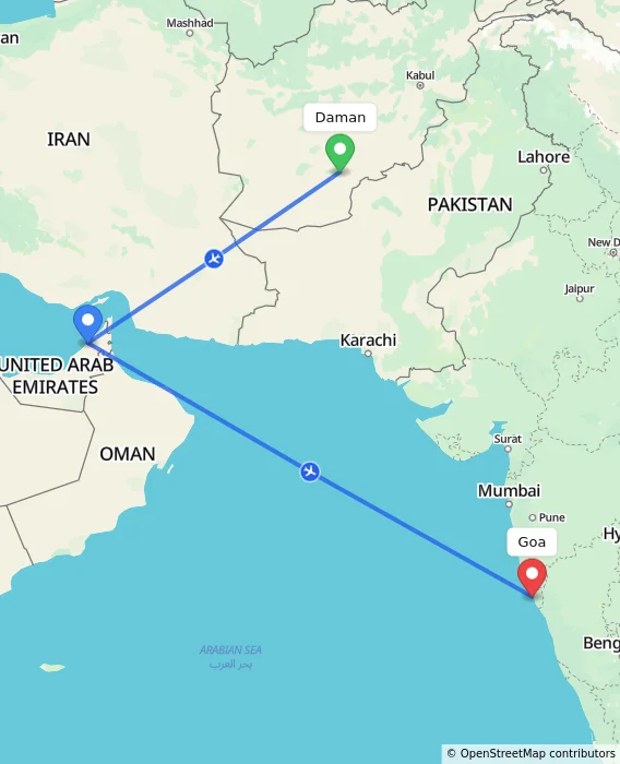 Route map showing distance and travel time from Daman, Afghanistan to Goa, India