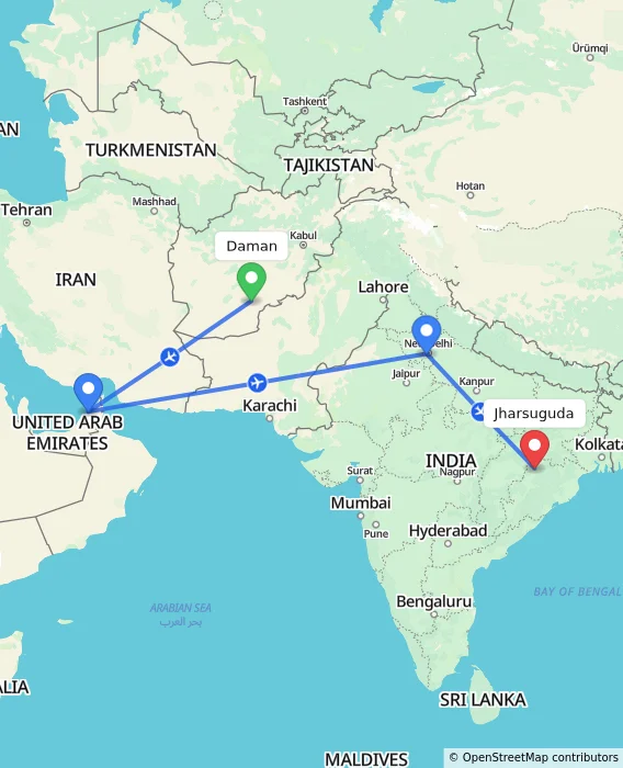 Route map showing distance and travel time from Daman, Afghanistan to Jharsuguda, India