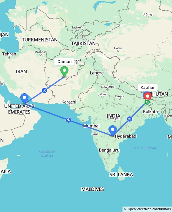 Route map showing distance and travel time from Daman, Afghanistan to Katihar, India