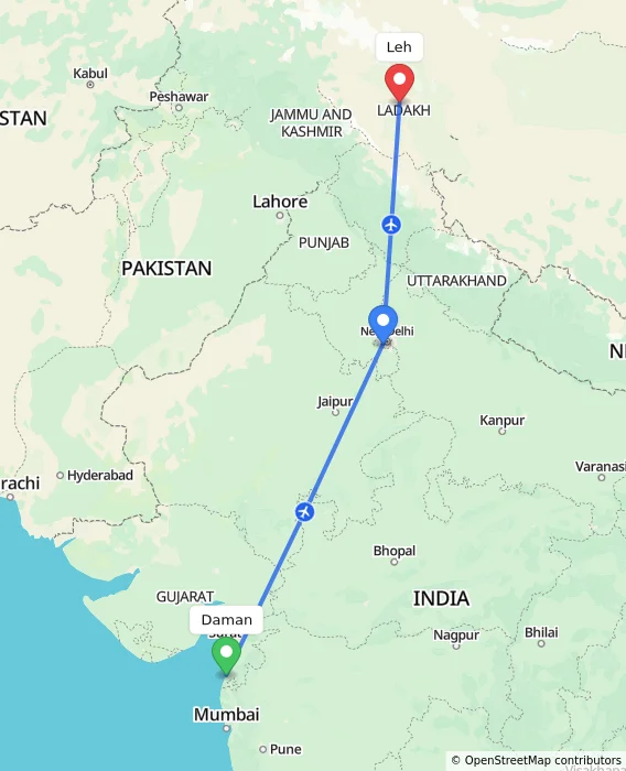 Route map showing distance and travel time from Daman, India to Leh, India