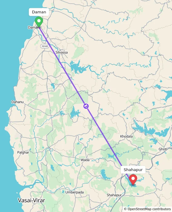 Route map showing distance and travel time from Daman, India to Shahapur, India