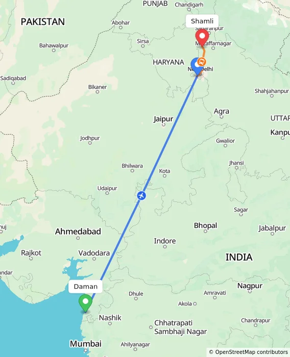 Route map showing distance and travel time from Daman, India to Shamli, India