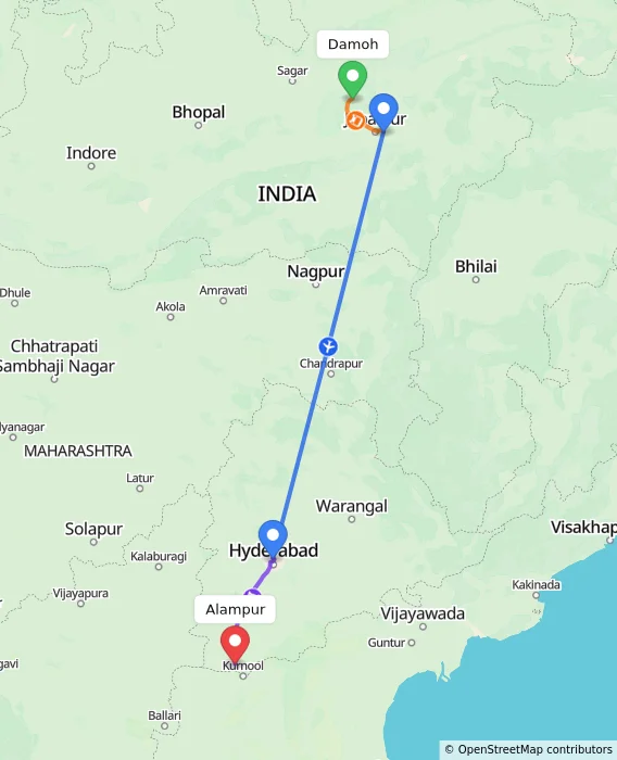 Route map showing distance and travel time from Damoh, India to Alampur, India
