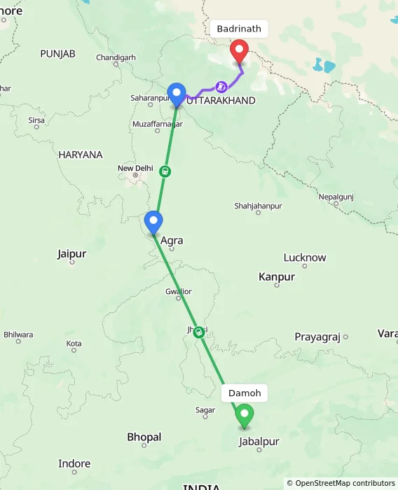 Route map showing distance and travel time from Damoh, India to Badrinath, India