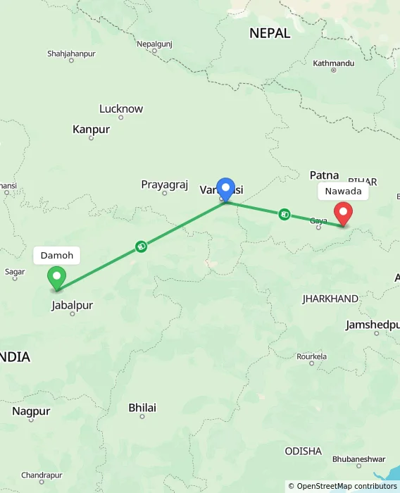 Route map showing distance and travel time from Damoh, India to Nawada, India