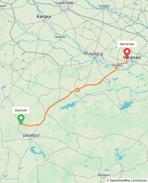 Route map showing distance and travel time from Damoh, India to Varanasi, India