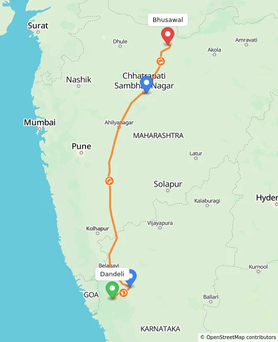 Route map showing distance and travel time from Dandeli, India to Bhusawal, India