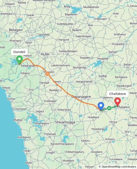 Route map showing distance and travel time from Dandeli, India to Challakere, India