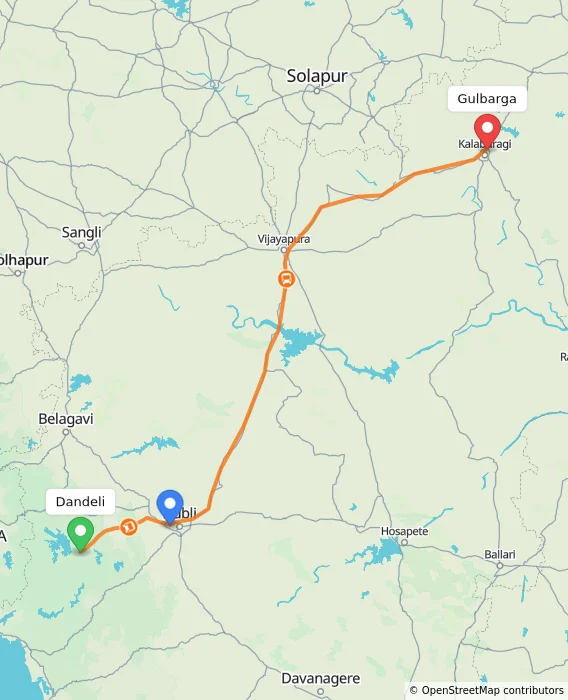 Route map showing distance and travel time from Dandeli, India to Gulbarga, India