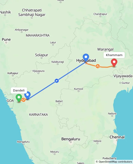 Route map showing distance and travel time from Dandeli, India to Khammam, India