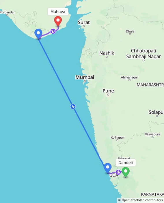 Route map showing distance and travel time from Dandeli, India to Mahuva, India