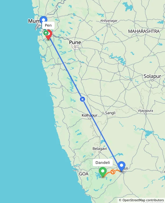 Route map showing distance and travel time from Dandeli, India to Pen, India