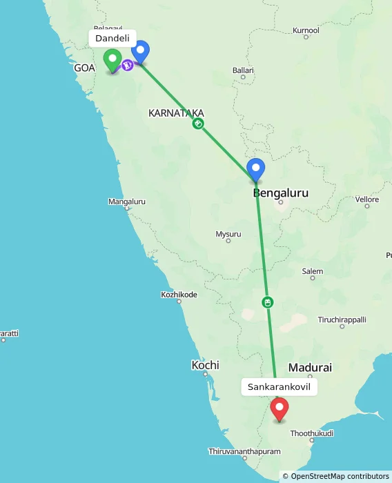 Route map showing distance and travel time from Dandeli, India to Sankarankovil, India