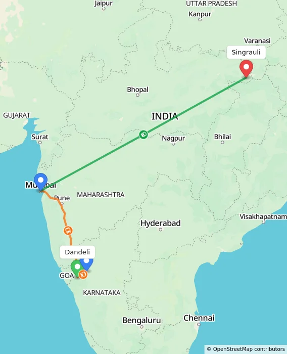 Route map showing distance and travel time from Dandeli, India to Singrauli, India