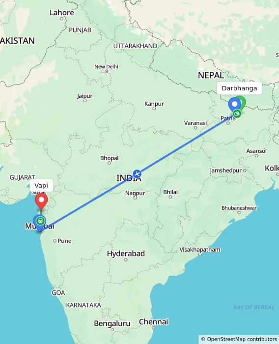 Route map showing distance and travel time from Darbhanga, India to Vapi, India