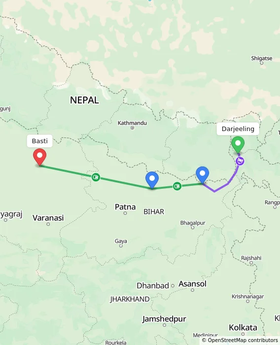 Route map showing distance and travel time from Darjeeling, India to Basti, India