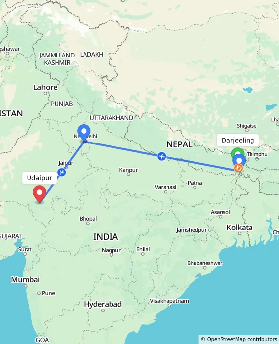 Route map showing distance and travel time from Darjeeling, India to Udaipur, India