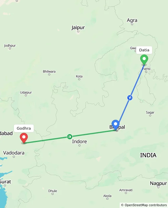 Route map showing distance and travel time from Datia, India to Godhra, India