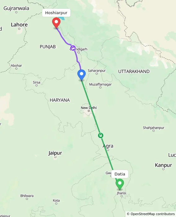 Route map showing distance and travel time from Datia, India to Hoshiarpur, India