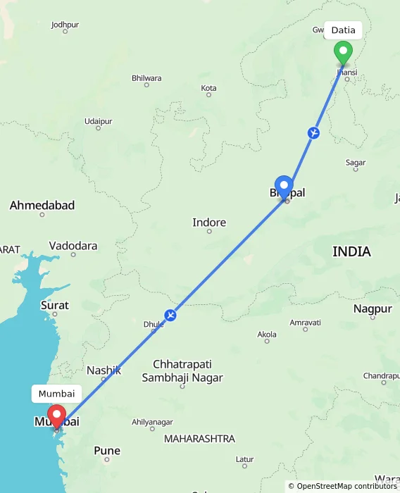Route map showing distance and travel time from Datia, India to Mumbai, India