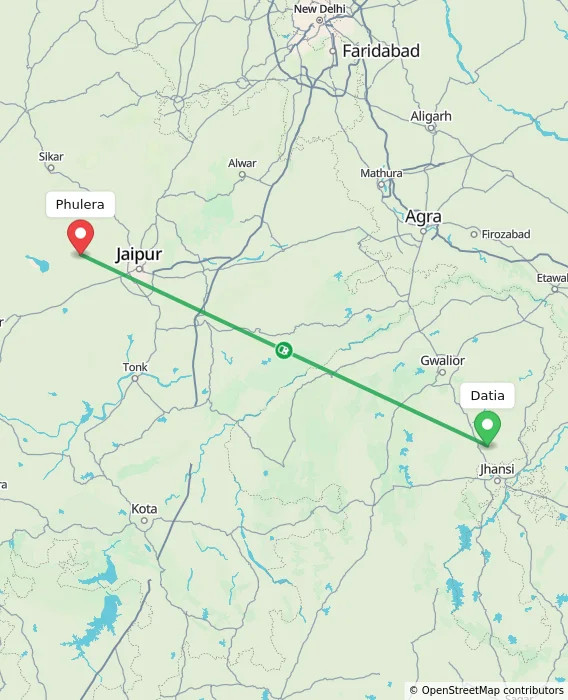 Route map showing distance and travel time from Datia, India to Phulera, India