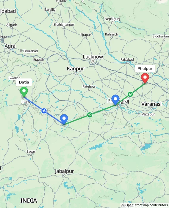 Route map showing distance and travel time from Datia, India to Phulpur, India