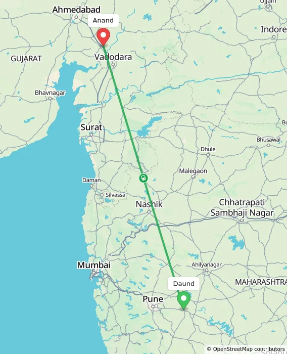 Route map showing distance and travel time from Daund, India to Anand, India