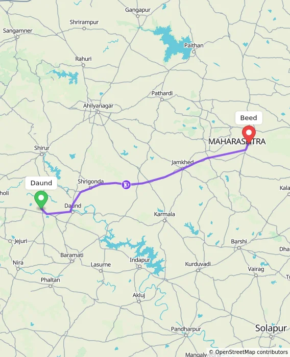 Route map showing distance and travel time from Daund, India to Beed, India