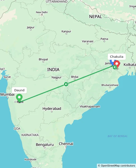 Route map showing distance and travel time from Daund, India to Chakulia, India